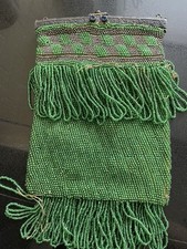 1920s Flapper Fringe Beaded Evening Bag Green Unique Closure