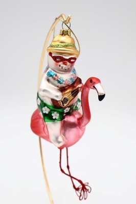 Hawaiian Snowman with Ukulele, Sunglasses and Hat Riding a Flamingo