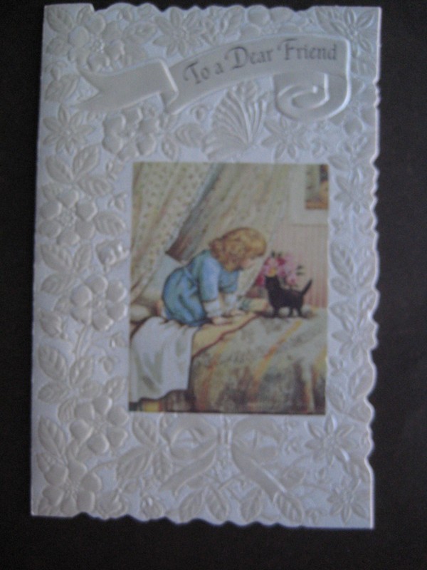 UNUSED vintage greeting card American Greetings FRIENDSHIP Girl & Cat On Bed