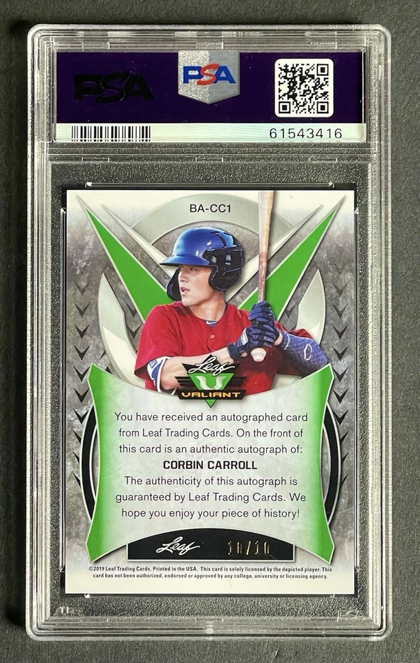 2019 Leaf Valiant - Corbin Carroll Yellow Auto PSA 10 - Diamondbacks # 'd 10/10 - Image 2 of 2