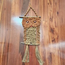 Vintage Boho Jute Macrame Owl Bird Figure Wall Hanging Art Branch 1960s Retro