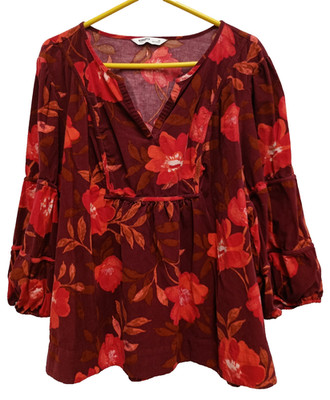 Sonoma Womens BOHO Peasant Top Size 3X Red Orange Floral Corduroy Balloon Sleeve