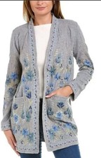 JOHNNY WAS BIYA Size S Heavily Embroidered Open Front Cardigan Sweater Gray Blue