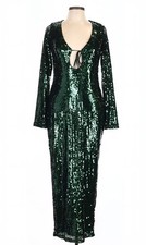Elegant Green Long Sleeve Sequin Gown Size 14 Keyhole Midi.
