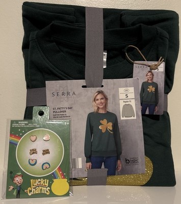 Serra Gold Foil Shamrock St Patricks Day Crewneck Sweater Small & 3 Pc Earrings