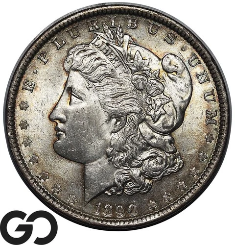 1890 Morgan Silver Dollar Coin, Nice Toner, Gem BU++