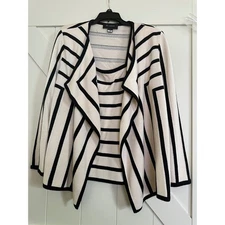 St John Knit Blazer Cardigan Tank Top Set Sm (Flaw)Beige Black Stripe M Made USA