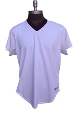 Vtg Rawlings Made in USA Polyester White Red Blue Baseball Jersey SZ 42