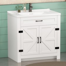 Mueble lavabo de baño blanco 31"" + lavabo lavabo con puerta impermeable