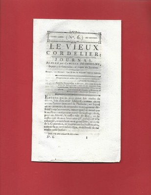 1794 JOURNAL REVOLUTION Le Vieux Cordelier N°6 Camille Desmoulins E.O SEHR SELTEN