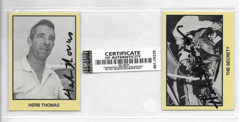 TWO (2) HERB THOMAS AUTOGRAPHED 1989/90 MASTERS OF RACING NASCAR CARDS w/COA
