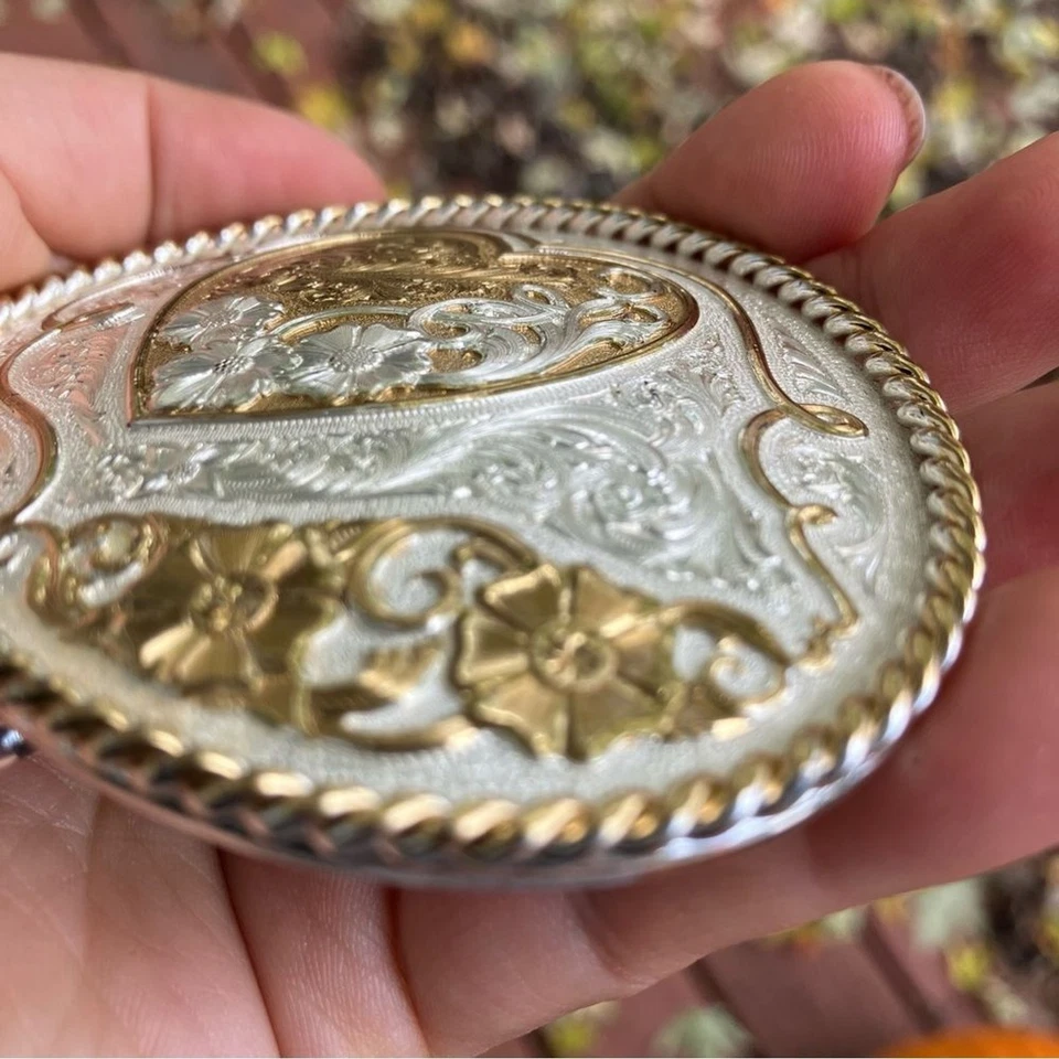 Montana Platería Plata Oro Corazón Rosa Floral Filagree Western Hebilla de Cinturón Foto 4 de 4