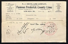 M.J. Grove Lime Co. Famous Frederick County Lime Kiln, MD 1916 Billhead (#1)