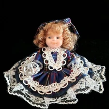 Beautiful Vintage Miniature Jointed Porcelain Doll (Blue Tartan Dress With Bow)