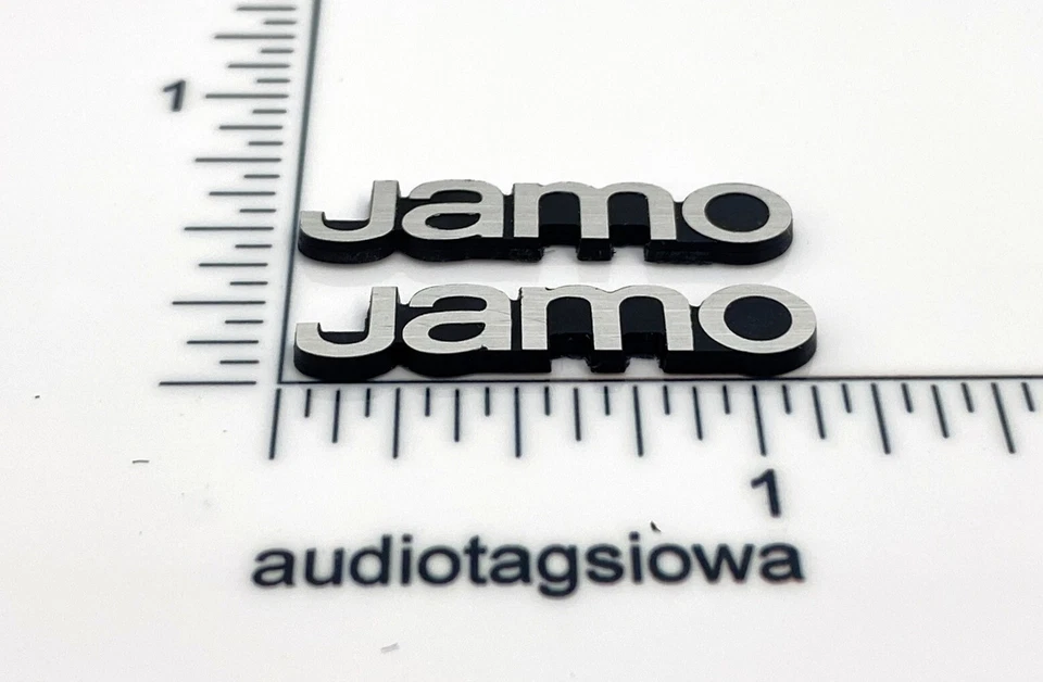 Par de logotipos de altavoz Jamo de plástico inciso plateado Foto 4 de 4