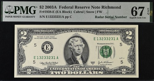 2003A $2 Federal Reserve Note PMG 67EPQ - Fancy Radar Serial Number 13233231 - Picture 2 of 3