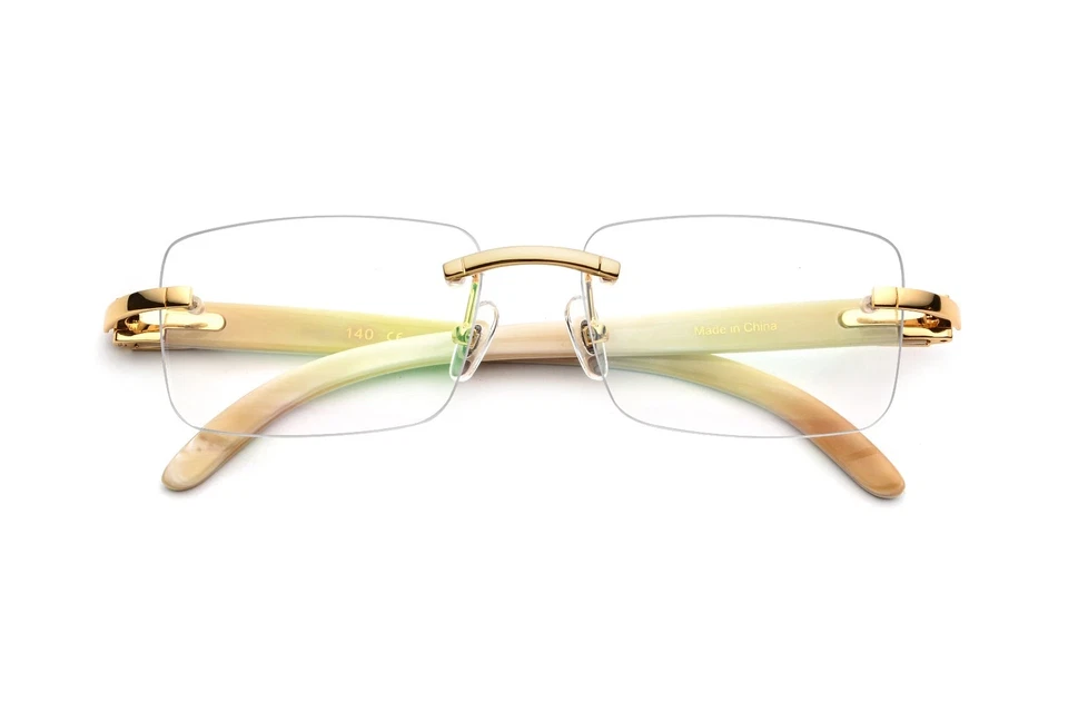 Gafas de lente transparentes retro vintage de hip hop con marco dorado de madera sin montura para hombre Foto 3 de 4