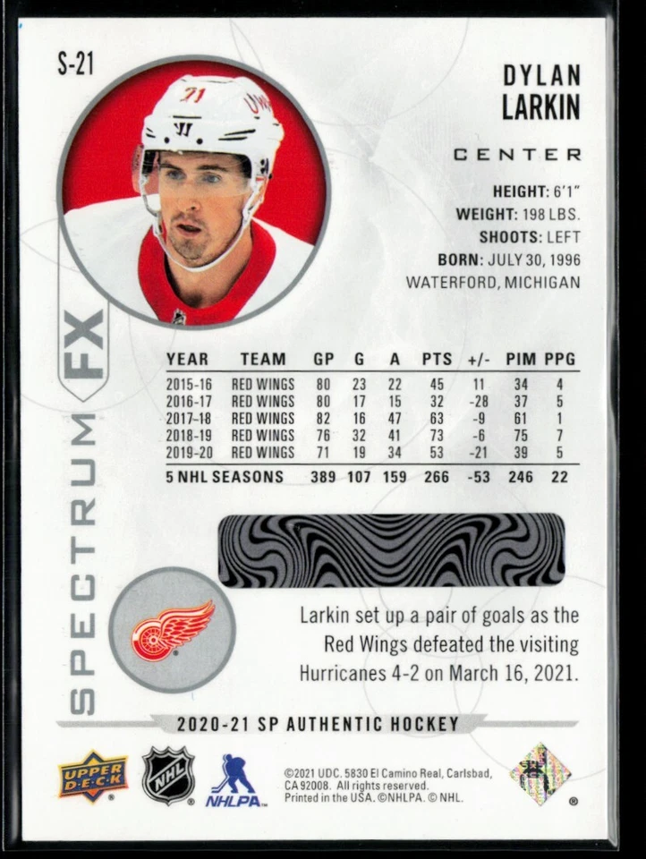 2020-21 SP Authentic Spectrum FX Dylan Larkin #S-21 - Image 2 of 2