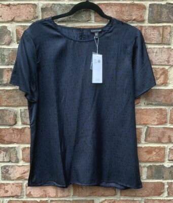 NWT Eileen Fisher Midnight Blue Dash-Print Silk Cotton Top Blouse XS 