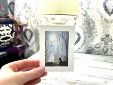 Framed or Unframed Miniature Art Prints - Ghost and Black Cat - Halloween Decor
