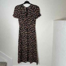 Reformation Ruffled Short Puff Sleeve Midi Floral Dress Size 2 Black Red USA