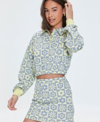 Forever 21 Women's Yellow Blue Floral Checkered Crop Pullover