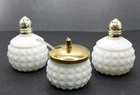 Milk Glass Condiment Set -Salt & Pepper + Mini Lidded Bowl W/Org Spoon Japan Vtg