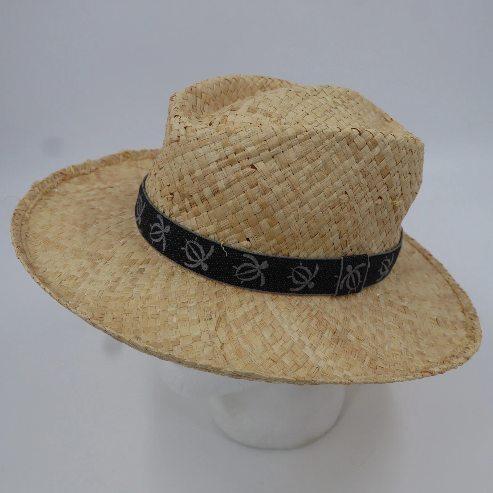 Scala Raffia Straw Fedora Hat Mens One Size Natural Tan Turtle Band Handmade