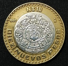 MEXICO 1992 N$10 AZTEC CALENDAR Bimetallic .925 silver center coin, see imgs., n