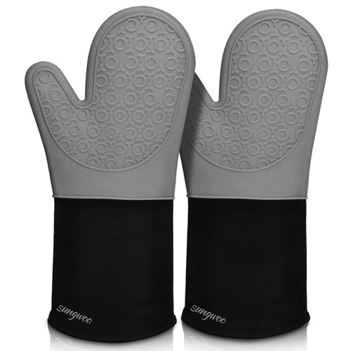 Extra Long Silicone Oven Mitts, Heat Resistant Oven Gloves with Quilted Liner...