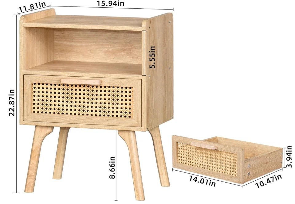 Mesita de noche de ratán boho con cajón y estado abierto, patas de madera natur Foto 4 de 4