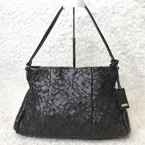 Max Mara Leather Tote Bag Intrecciato Shoulder Used Authentic