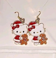 Hello Kitty Christmas Holiday Holding Gingerbread Man Gold Dangle Drop Earrings