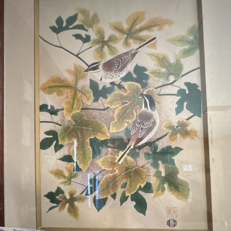 Japanese Birds and Leaves Print with Artist Stamps, Framed, Green Brown