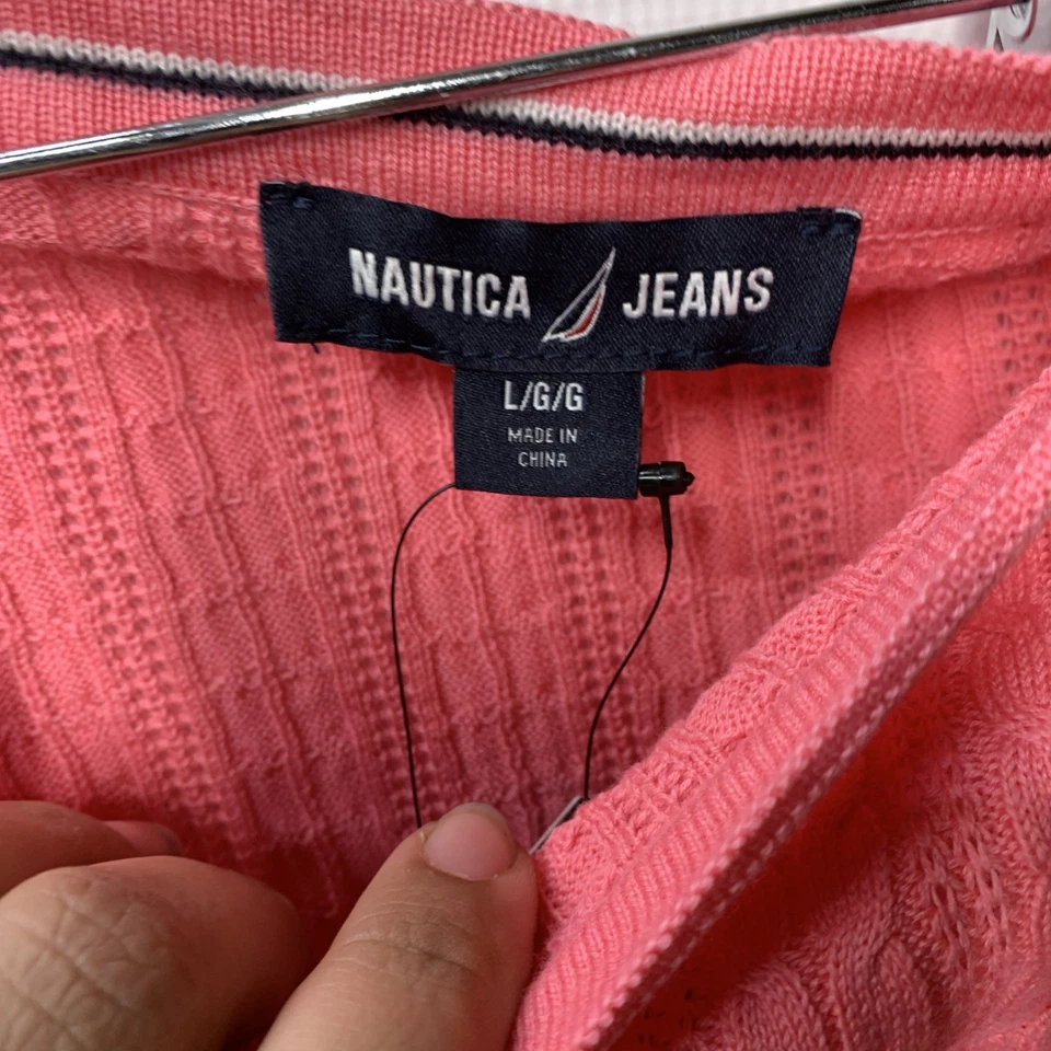 Suéter tejido con cable de algodón rosa manga larga cuello barco talla L Nautica Jeans para mujer Foto 4 de 4
