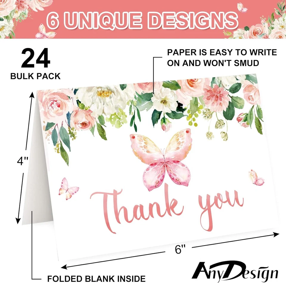 💌 Butterfly Floral Thank You Cards Set of 24 – Envelopes & Stickers Included - Image 2 of 4