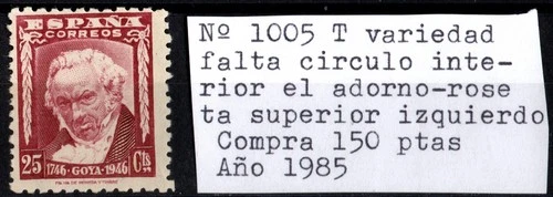1946.Ed:**1005t.Goya.25 cts carmine.Variety print.No pink inner circle