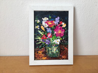 Heller Blumenstrauß Ölgemälde auf Karton Blumen in der Vase Kunstwerk