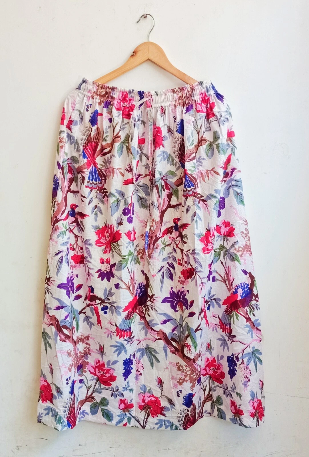 Indian Cotton White Bird Print Long Skirt, Women's Clothing Party Wear Skirts US