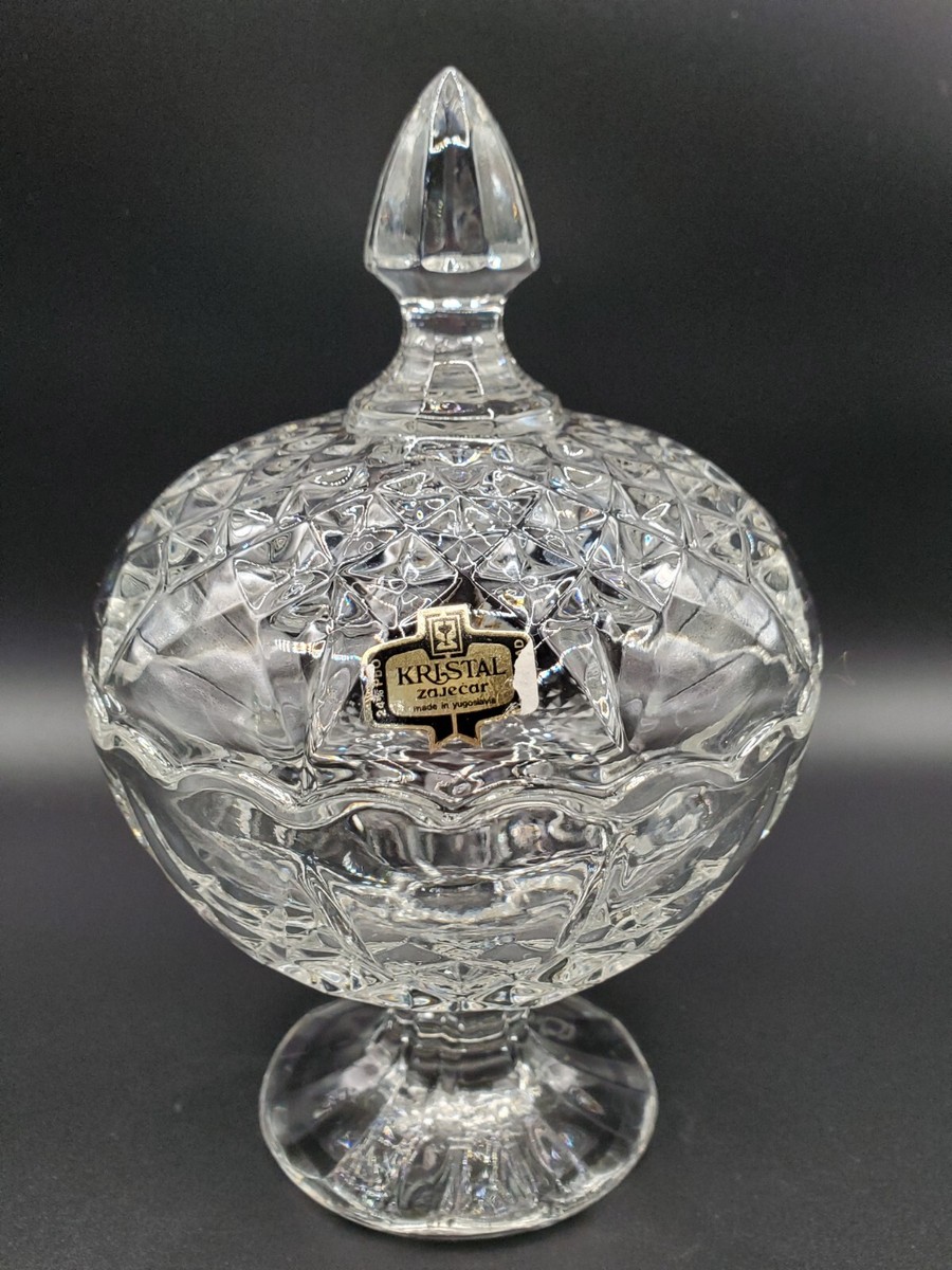 Kristal Zajecar Yugoslavia Vintage Pedestal Crystal Dish with Lid