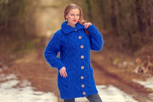 Blue mohair cardigan cable knit sweater coat hand knit thick jacket SUPERTANYA - Picture 3 of 8