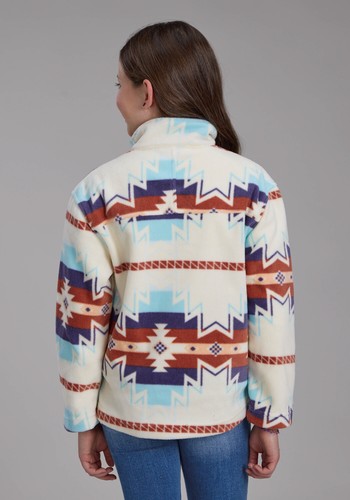 Roper Kids Girls Large Aztec Print Cream/Blue 100% Polyester Fleece Jacket - Picture 3 of 4