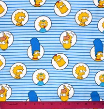 Simpsons Fabric - HALF YARD - 100 Cotton - Homer Bart Marge Lisa Blue Stripes