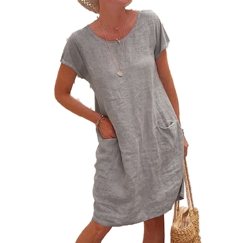 Womens Cotton Linen Midi Dress Ladies Summer Casual Loose Solid Pocket