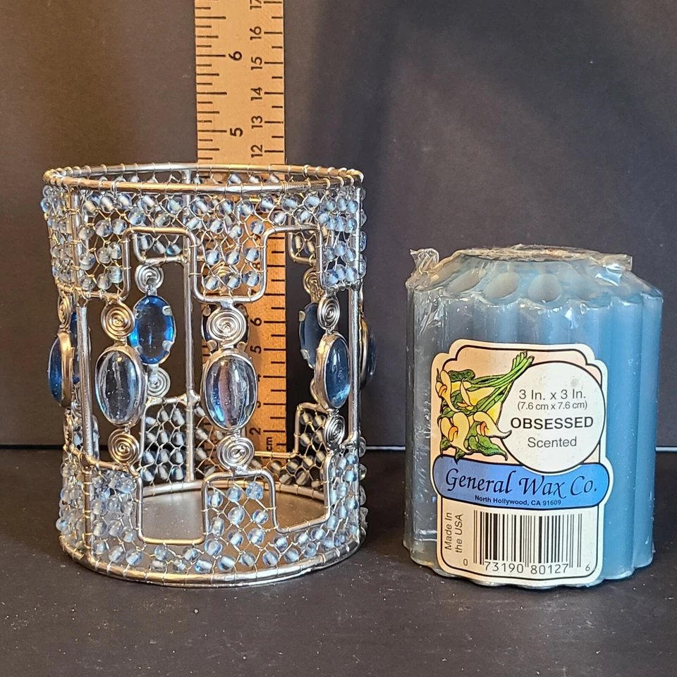Candelabro de pilar - Cuentas azules de alambre de plata - Incluye vela perfumada de 3,5" Foto 4 de 4