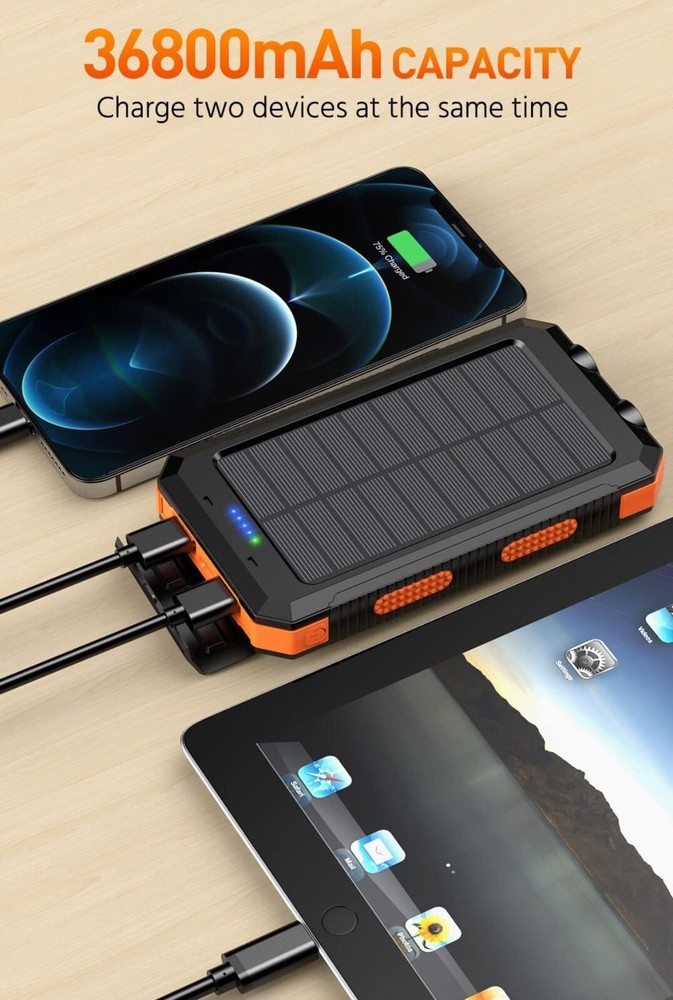 Solar Power Bank - Waterproof Fast Charging Portable Charger with USB & Flashlight
