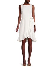 NEW Calvin Klein Women's Sleeveless Faux Wrap Belted Dress Cream Ivory Size 6