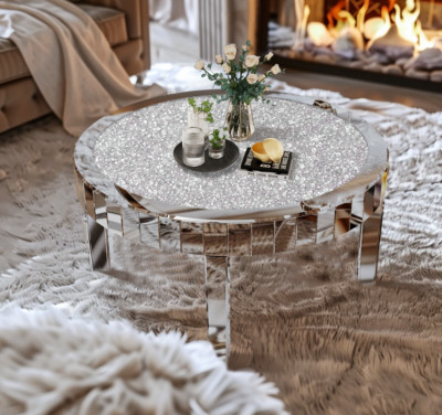 60/80cm Silver Crushed Crystal Side Coffee Table Crystals Inlay Mirrored Table