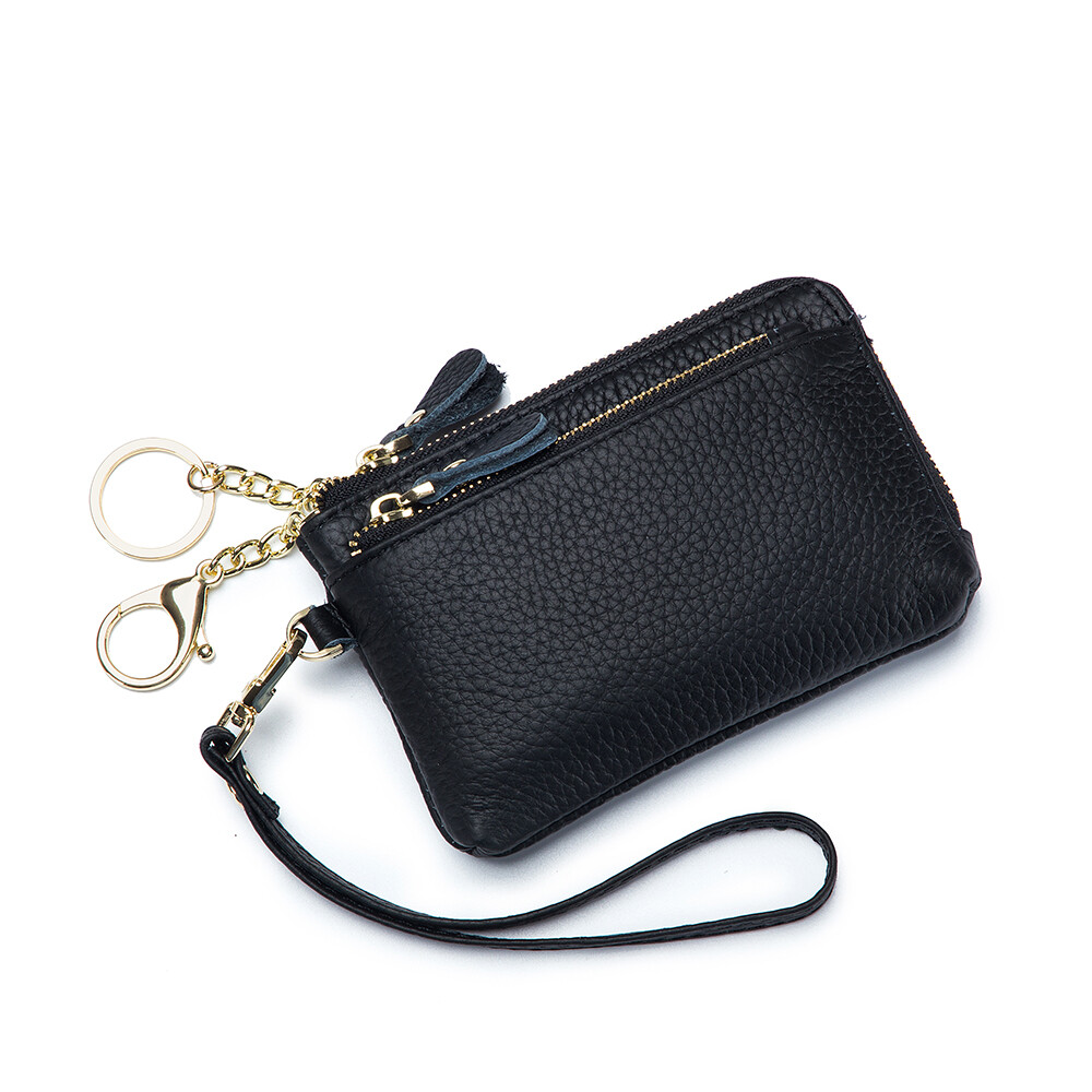 Slim Black Leather Zipper Womens Wallet Coin Card Holder