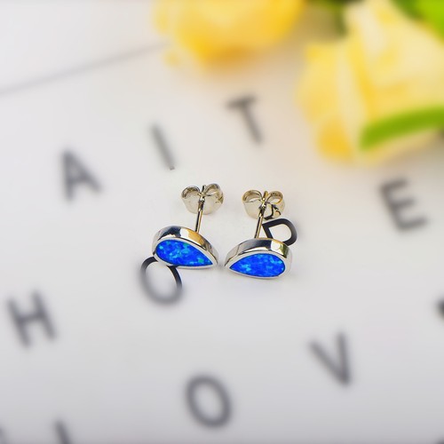 Teardrop Opal Stud Earrings Sterling S925 Pear Blue Opal Studs For Women - Picture 6 of 9